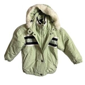 Fera Kidz Sage Green Hooded Ski Jacket Snowflake Embroidered Size 4